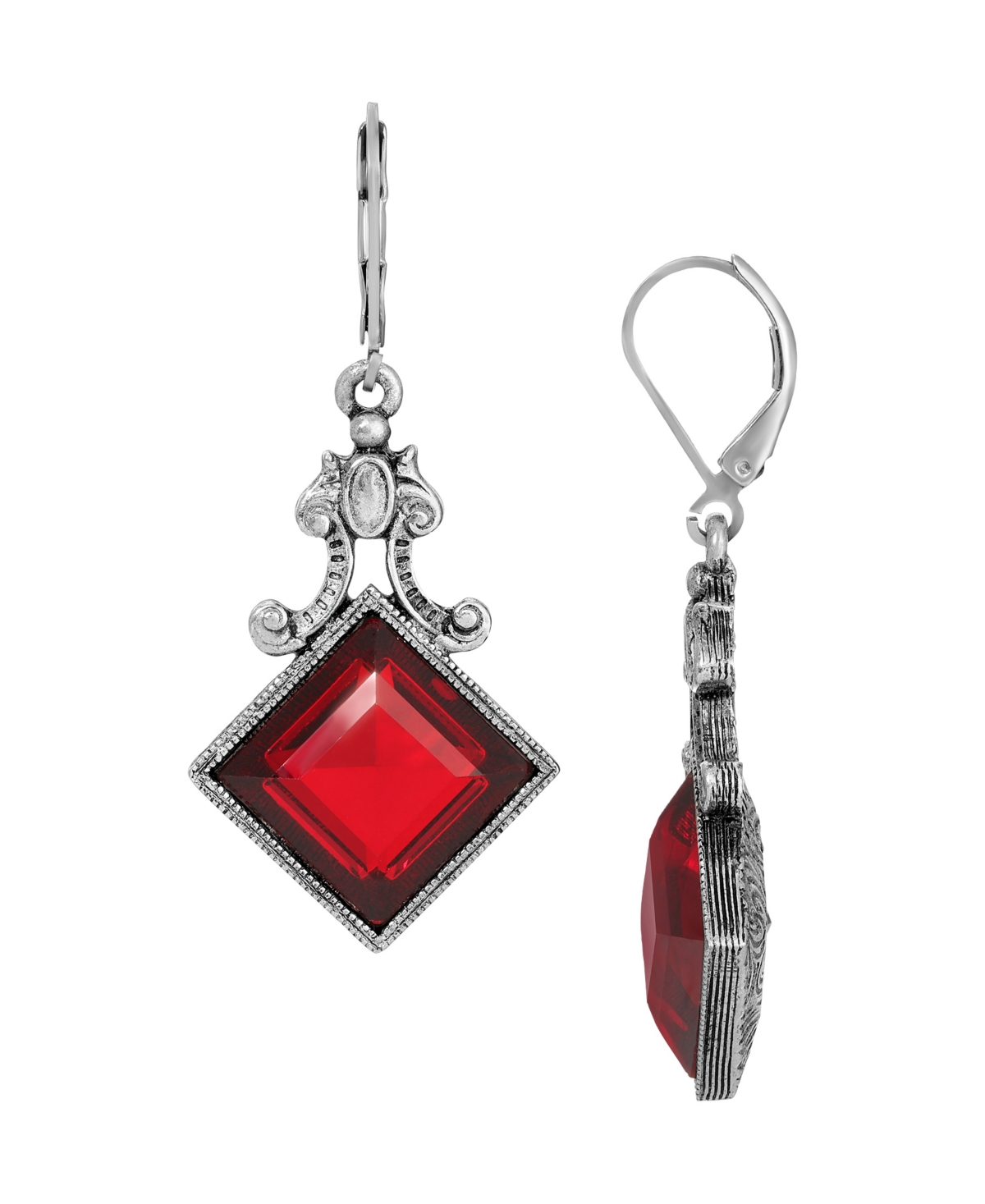 2028 Glass Red Square Silver-tone Drop Earrings