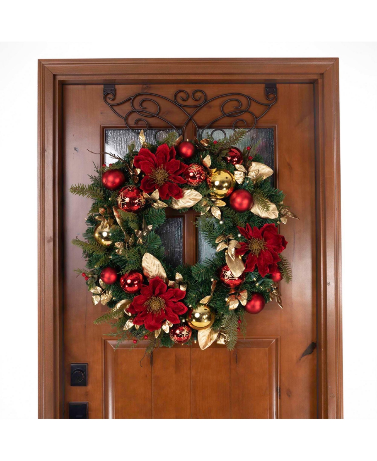 Village Lighting Company Lighted Christmas Wreath, Golden-Tone Leaf Red Magnolia