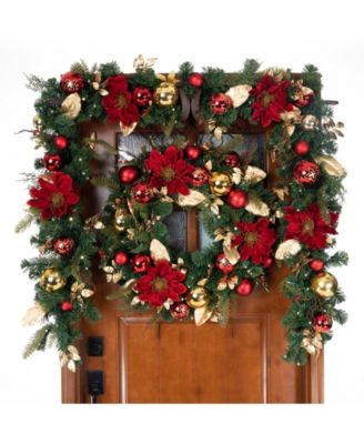 Company 9' Artificial Christmas Garland with Lights, Golden-Tone Leaf Red Magnolia