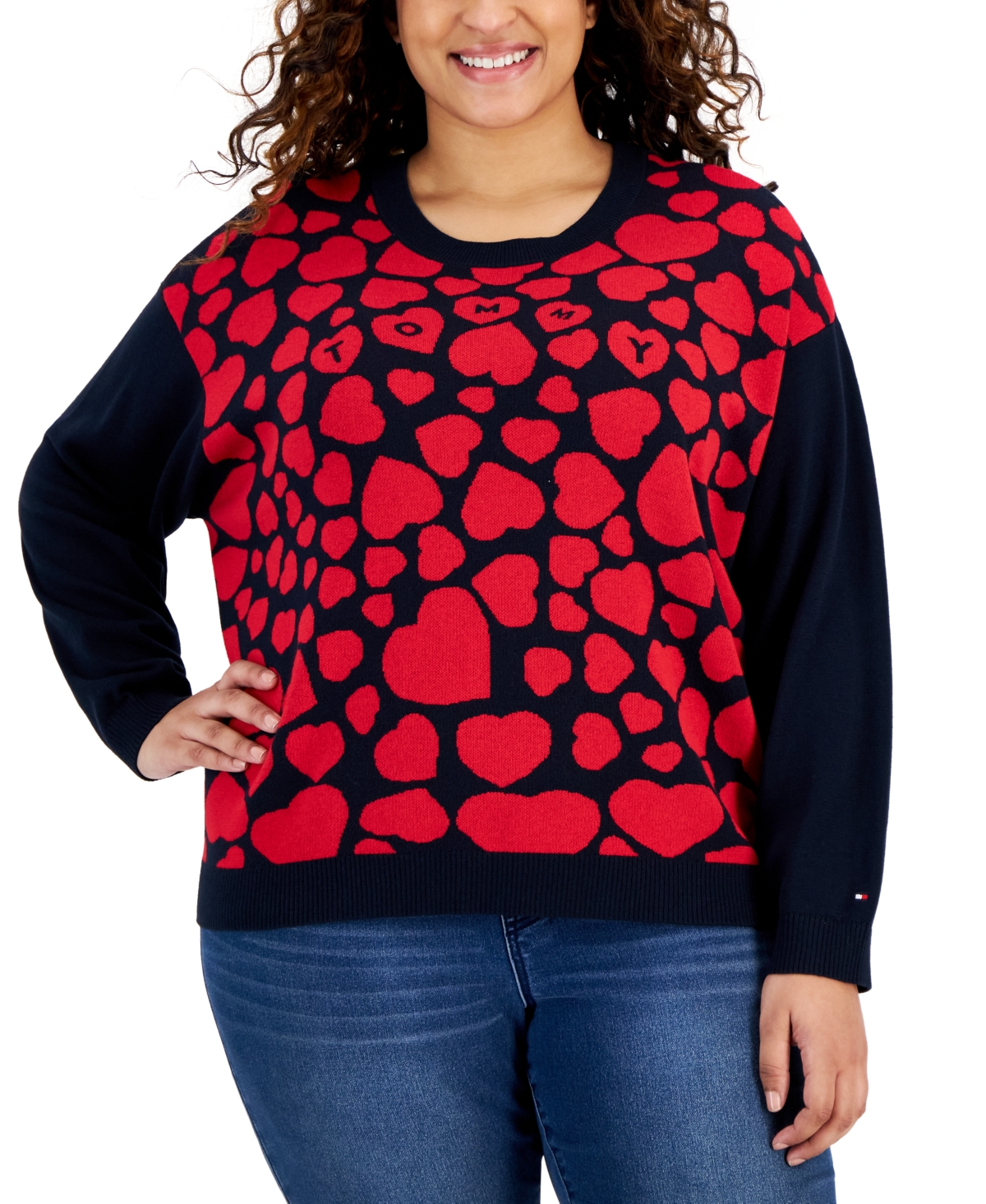 Tommy Hilfiger Plus Size Heart Jacquard Long-sleeve Sweater In Sky Captain,scarlet
