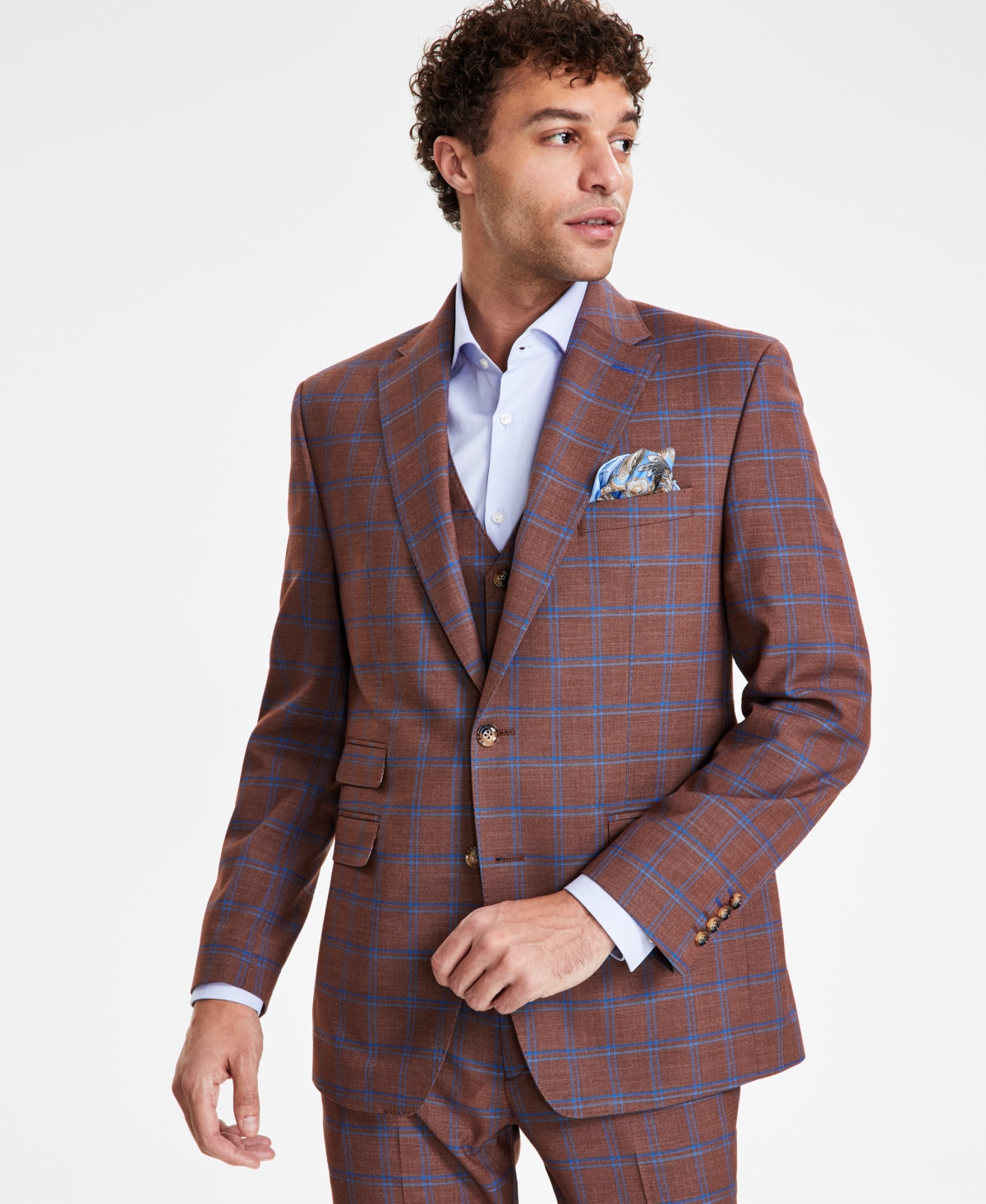 Shop Tayion Collection Men's Classic-fit Plaid Suit Jacket In Rust,blue Plaid