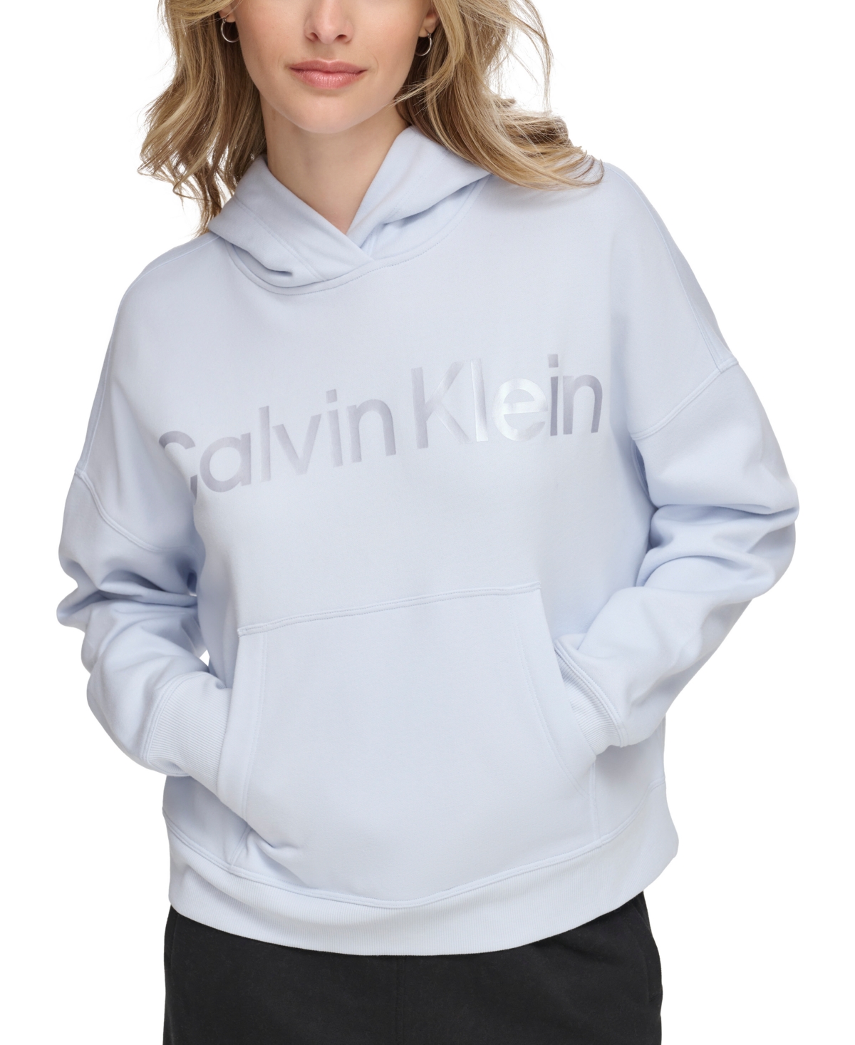 Calvin Klein Women's Metallic-logo Dropped-shoulder Hoodie In Blue