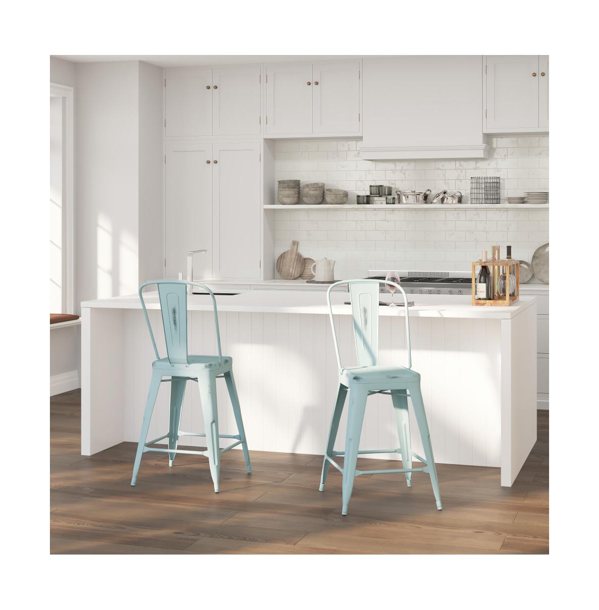 Sabine Metal Indoor-Outdoor Counter Stool With Vertical Slat Back And Integrated Footrest - Green-blue