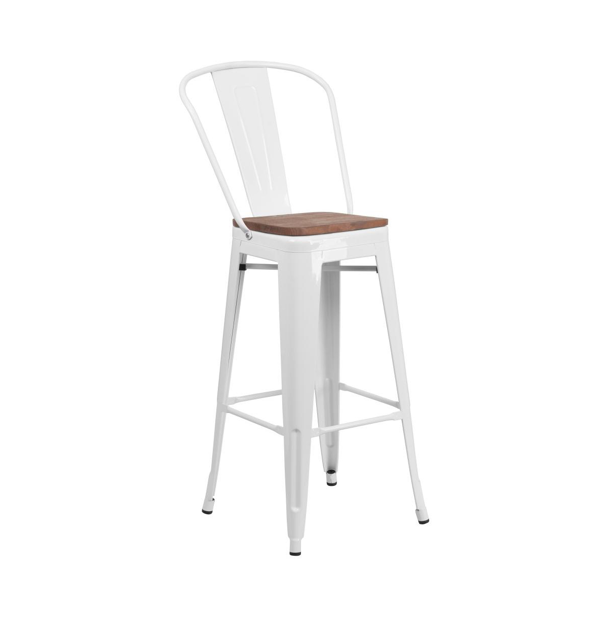 Merrick Lane Donnelly Metal Dining Stool With Curved Slatted Back And Textured Wood Seat
