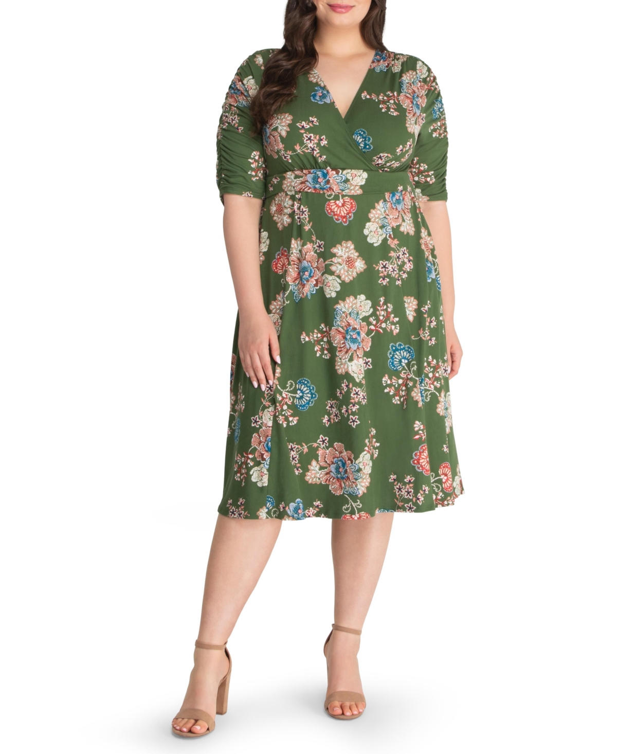 Women's Plus Size Gabriella Ruched Sleeve Midi Dress with Pockets - Olive floral print