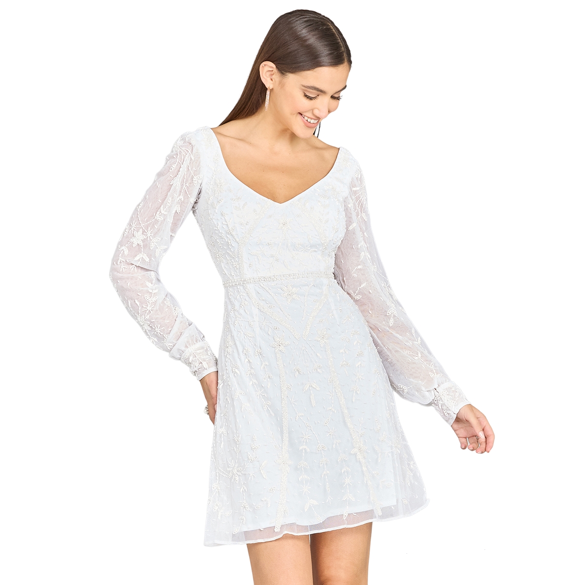 Women's V-Neck, Long Sleeve Bridal Cocktail Dress - Ivory