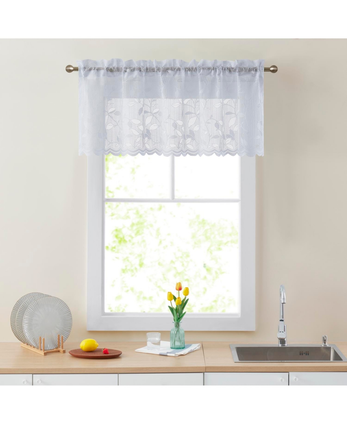 Joyce Lace Sheer Kitchen Curtain Valance Topper - Rod Pocket for Small Windows, Bathroom & Kitchen - 54 W x 18 L - White