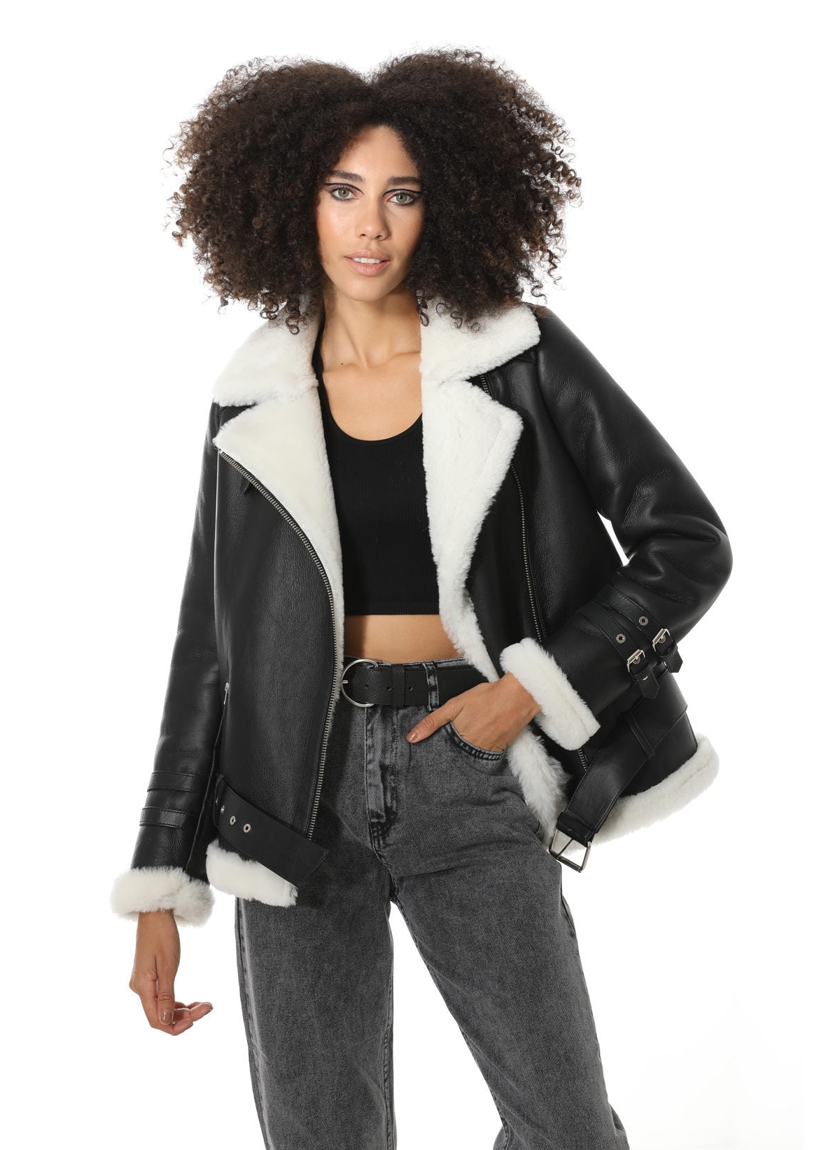 Furniq Uk Women's Shearling Belted Biker Jacket, Silkywith White Wool - Black