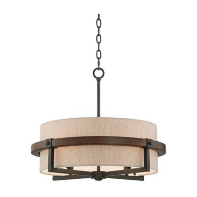 Castille Bronze Faux Wood Pendant Chandelier 22" Wide Farmhouse Rustic Tan Fabric Drum Shade 4-Light Fixture for Dining Room House Foyer Kitchen Island Entryway High Ceilings
