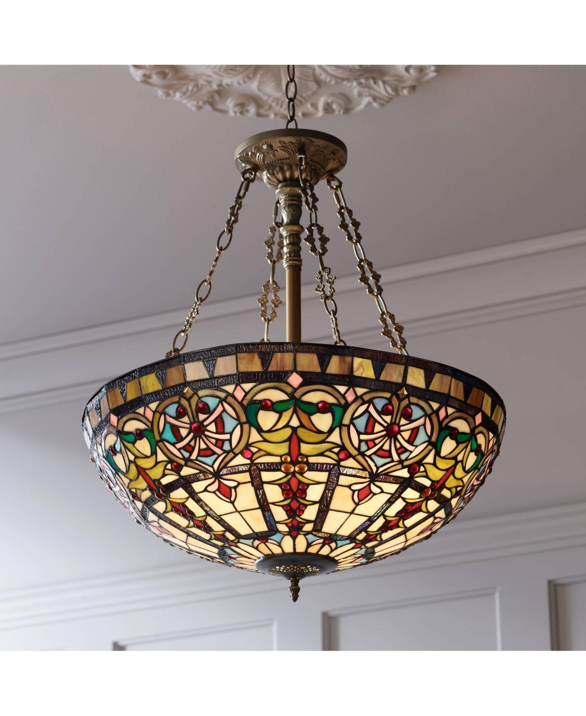 Robert Louis Tiffany Bronze Pendant Chandelier 24" Wide Tiffany Style Ornamental Stained Glass Bowl Fixture Dining Room Kitchen