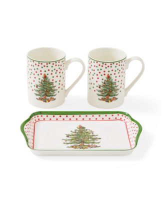 Christmas Tree Polka Dot Mug and Tray Set, 3 Pieces