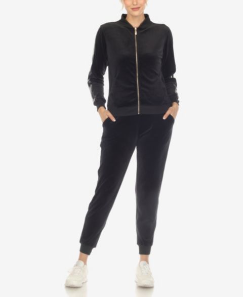White Mark Women's Faux Leather Stripe Velour 2 Piece Tracksuit Set, цвет: Чёрный