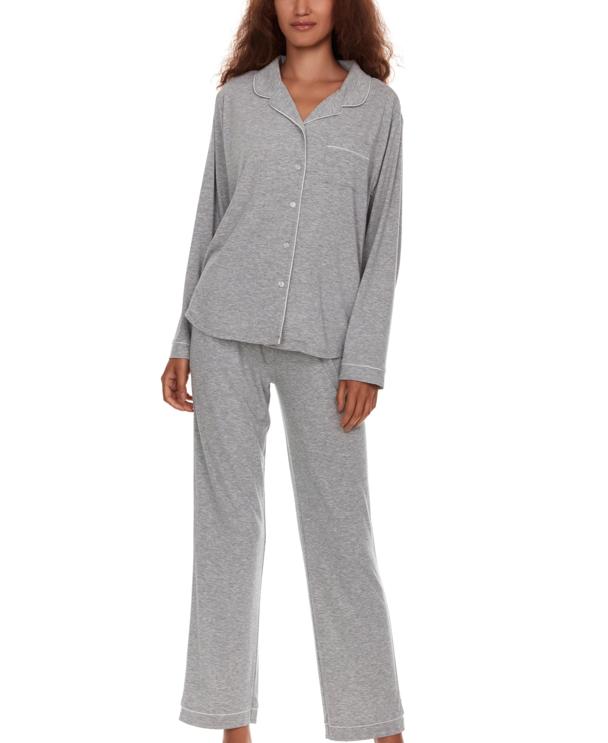 Women's Annie 2 Piece Notch Long Sleeve Top and Knit Pants Pajama Set - Heather Gray