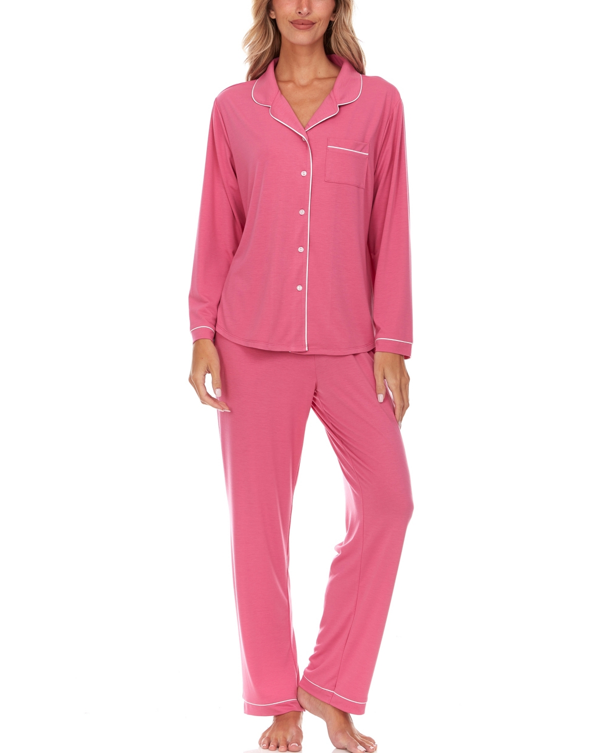 Women's Annie 2 Piece Notch Long Sleeve Top and Knit Pants Pajama Set - Hot Pink