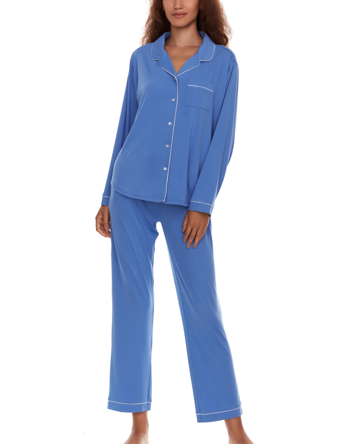 Women's Annie 2 Piece Notch Long Sleeve Top and Knit Pants Pajama Set - Blue