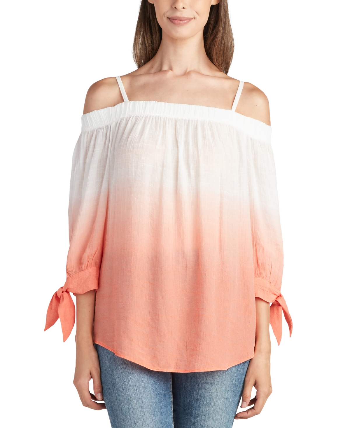 Juniors' Dip-Dyed Off-The-Shoulder Tie-Sleeve Top - Color