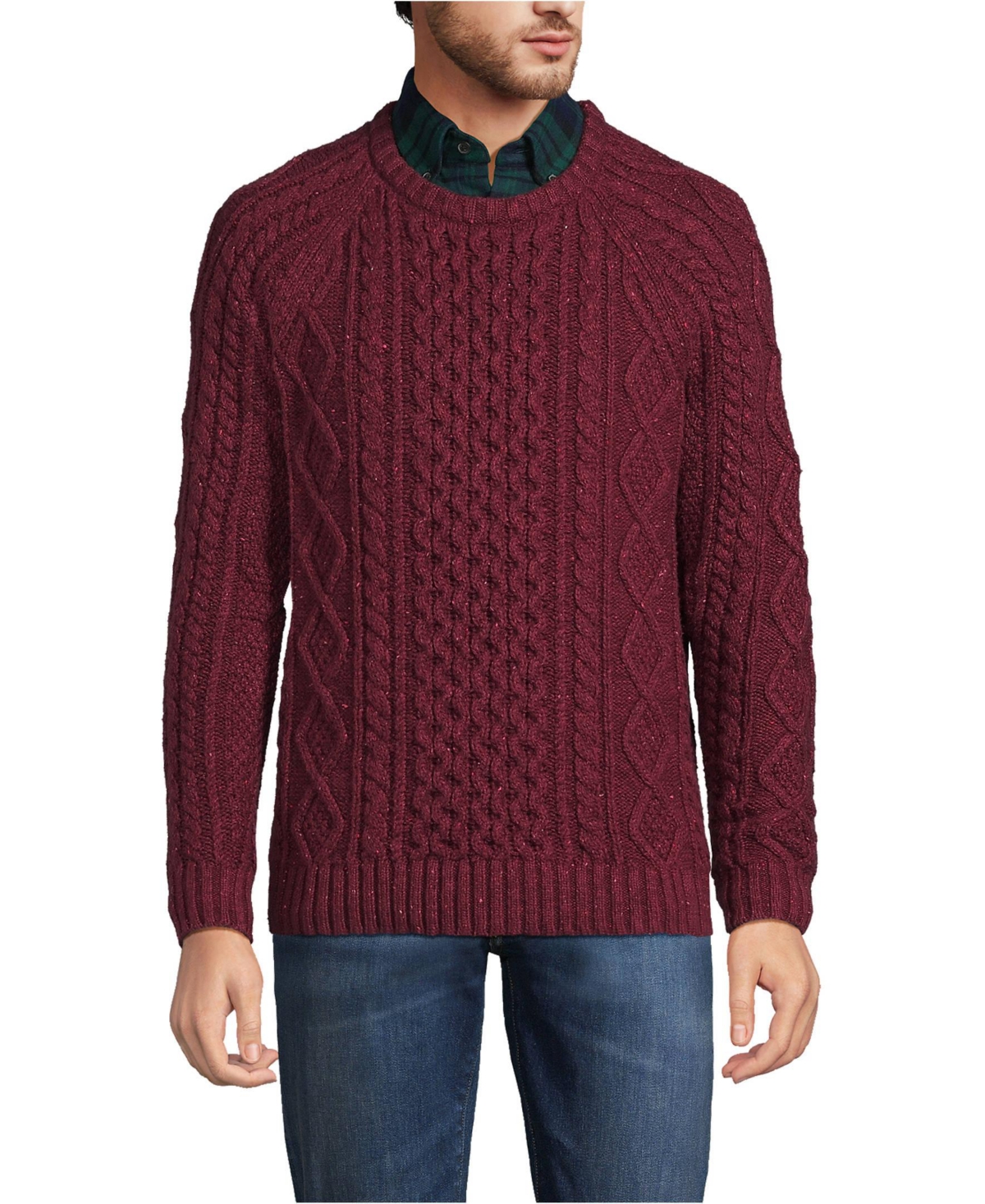 Lands' End Big & Tall Cotton Blend Aran Cable Crew Neck Sweater