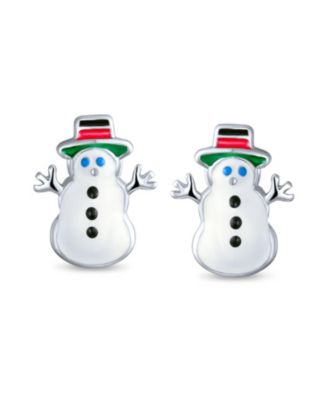 Small Fun Holiday Cartoon Christmas Winter White Enamel Frosty Snowman Stud Earrings Sterling Silver