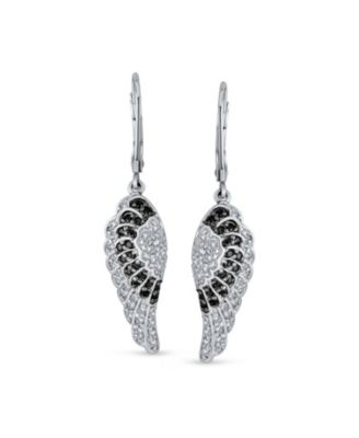 Two Tone Spiritual Guardian Angel Wing Feather Cubic Zirconia Black White CZ Lever back Earrings