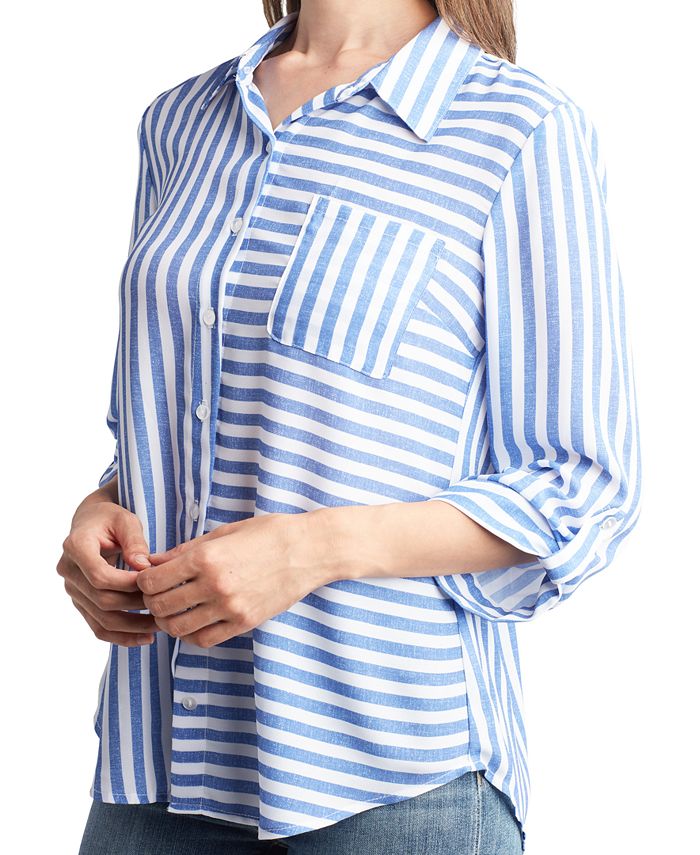 BCX Juniors' Cotton Striped Roll-Tab-Sleeve Shirt - Macy's
