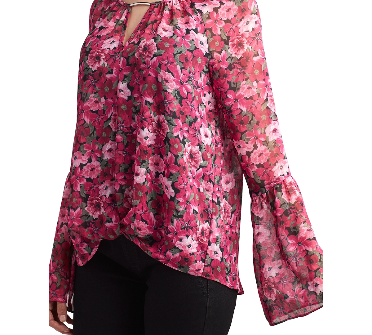 Shop Bcx Juniors' Twisted Keyhole Floral Bell-sleeve Top In Pat C