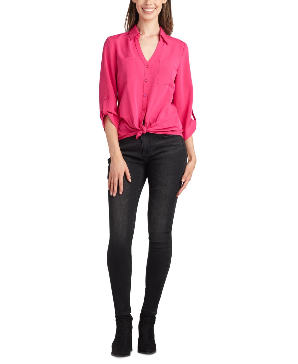 Shop Bcx Juniors' Roll-tab-sleeve Tie-front Shirt In Pink