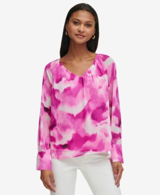 Calvin Klein - Women's Long Sleeve Printed V-Neck Blouse