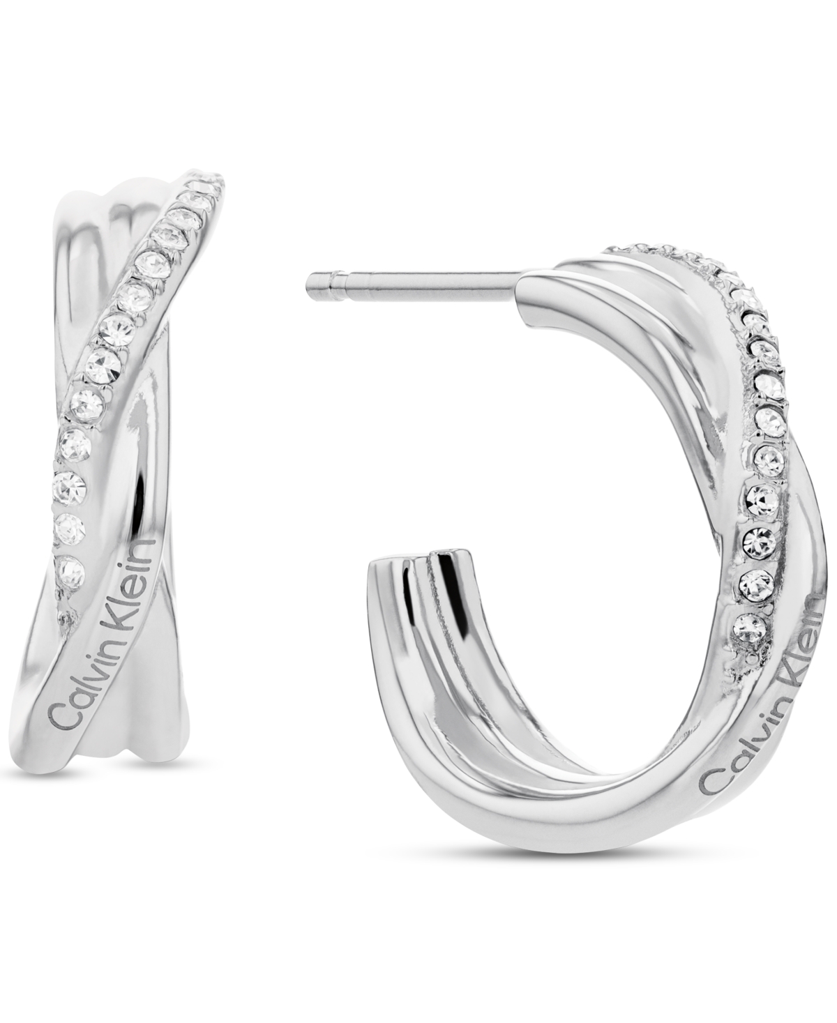 Stainless Steel Small Pave Crossover C-Hoop Earrings, 0.6" - Silver