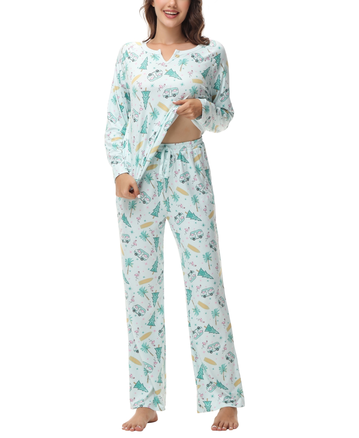 Ink+Ivy Women's Long Sleeve Notch Collar Top with Lounge Pants 2 Piece Pajama Set