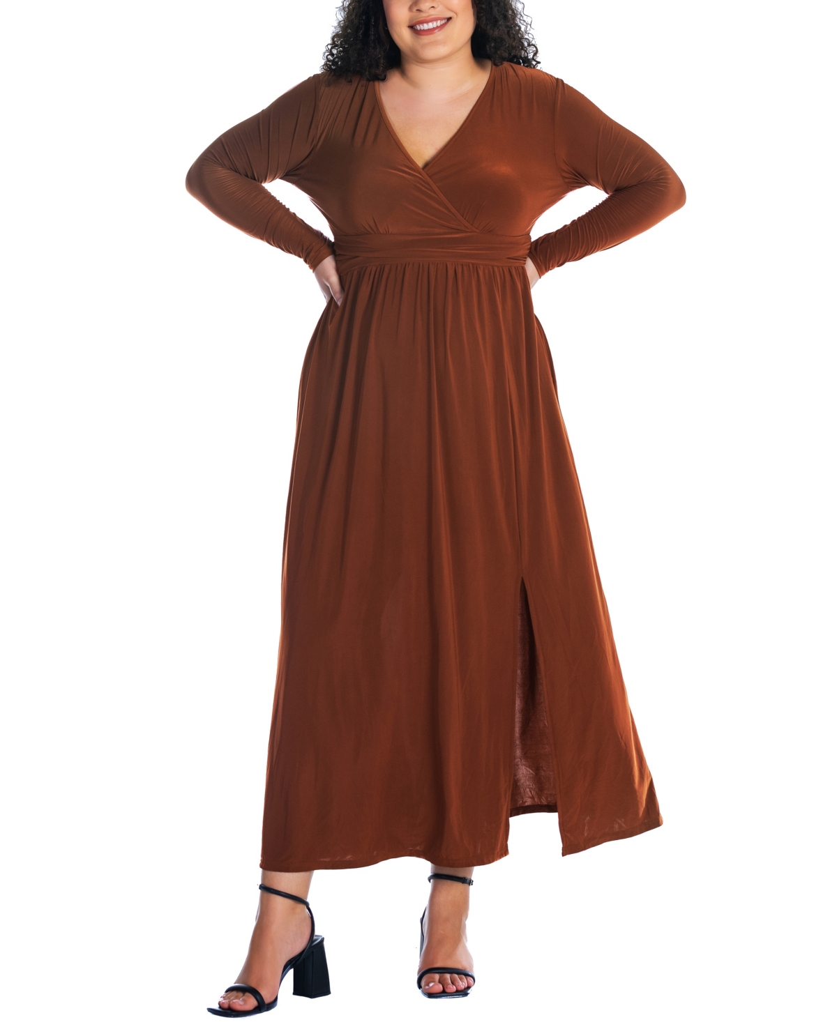 24seven Comfort Apparel Plus Size Long Sleeve V-neck Maxi Dress