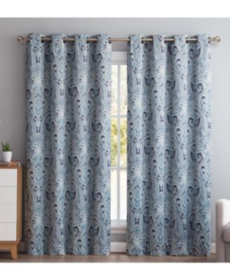 Paris Paisley Decorative Print Damask Pattern Light Reducing Filtering Grommet Window Curtain Panels, Set of 2 (Blue, 50 W x 72 L