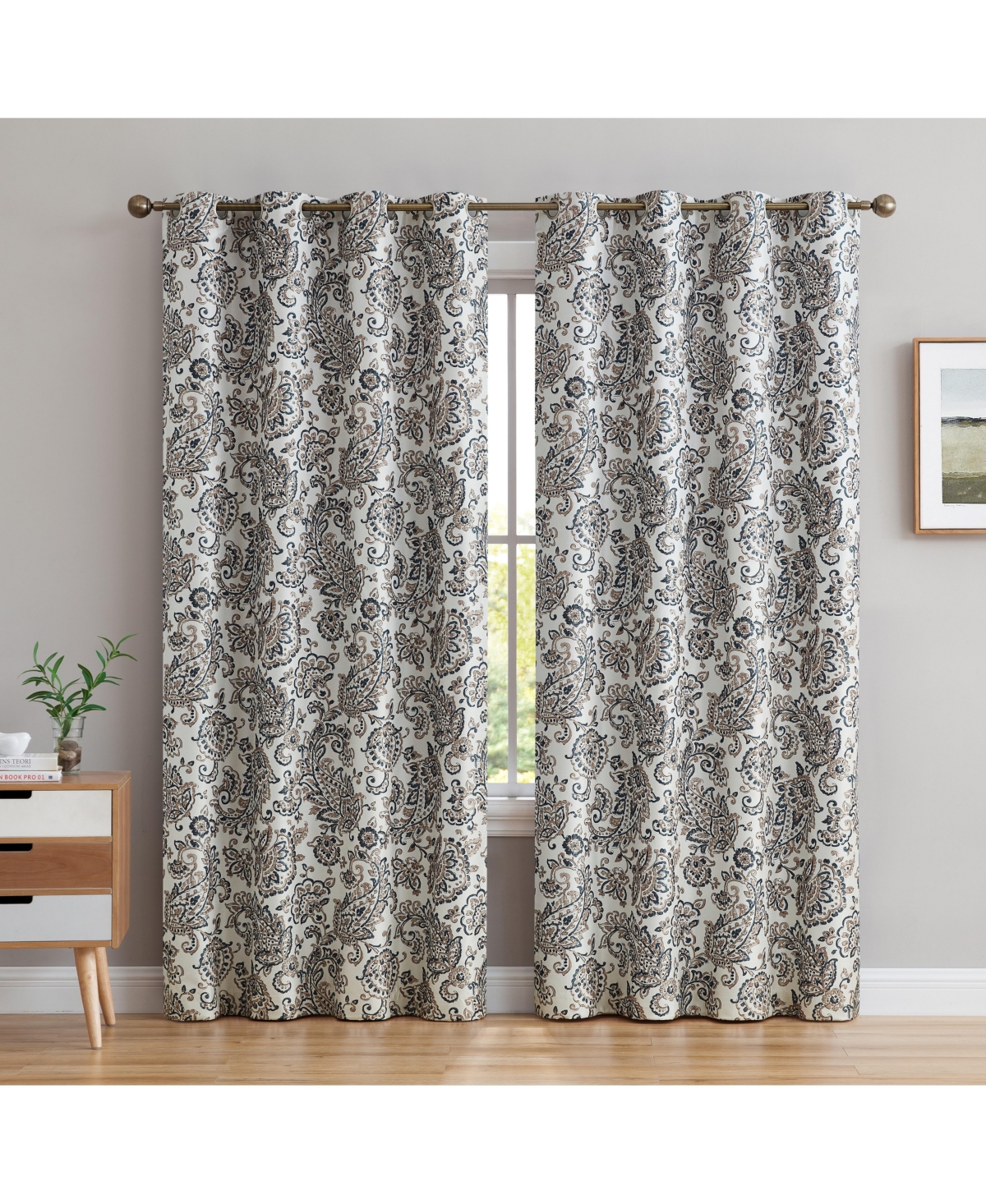 Hlc.me Amalfi Paisley Faux Silk 100% Blackout Room Darkening Thermal Lined Curtain Grommet Panels for Bedroom