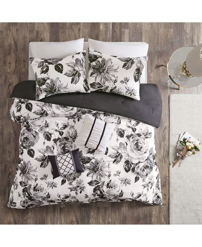 Gracie Mills Dorsey Floral Print Comforter Set Black/White Twin XL Macy's