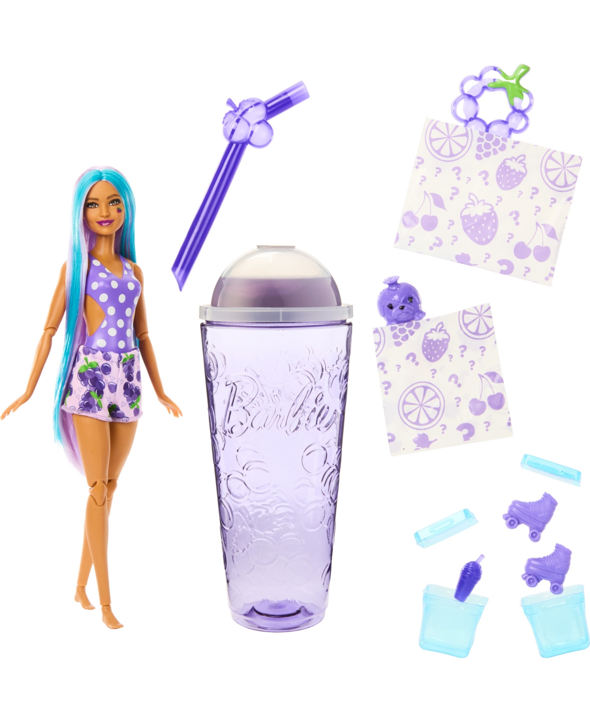 Shop Barbie Pop Reveal Fruit Series Grape Fizz Doll, 8 Surprises Include Pet, Slime, Scent & Color Change In Multi-color