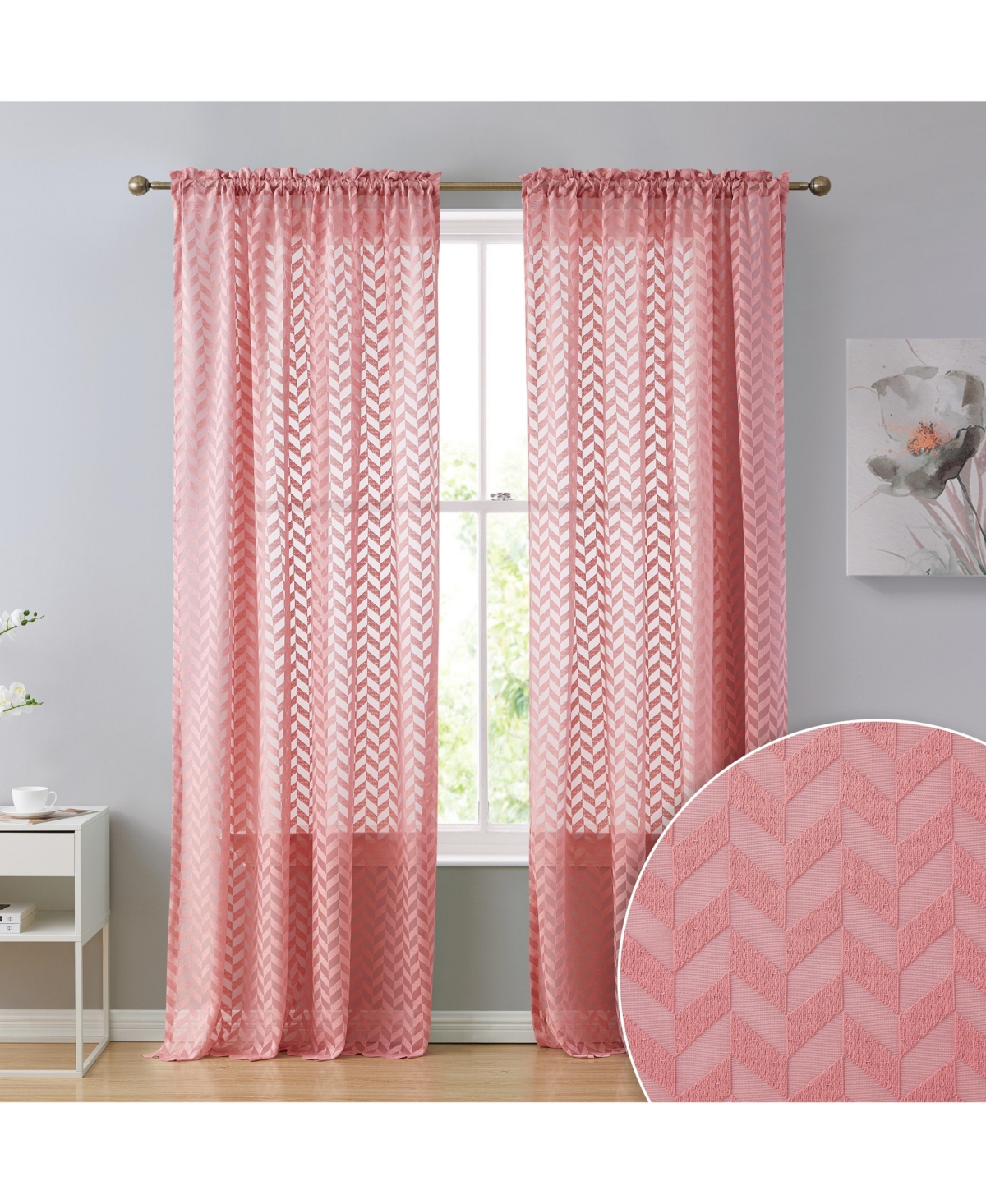 Herringbone Thick Semi Sheer Premium Rod Pocket Window Curtain Panels for Bedroom & Living Room - Set of 2 - Blush pink