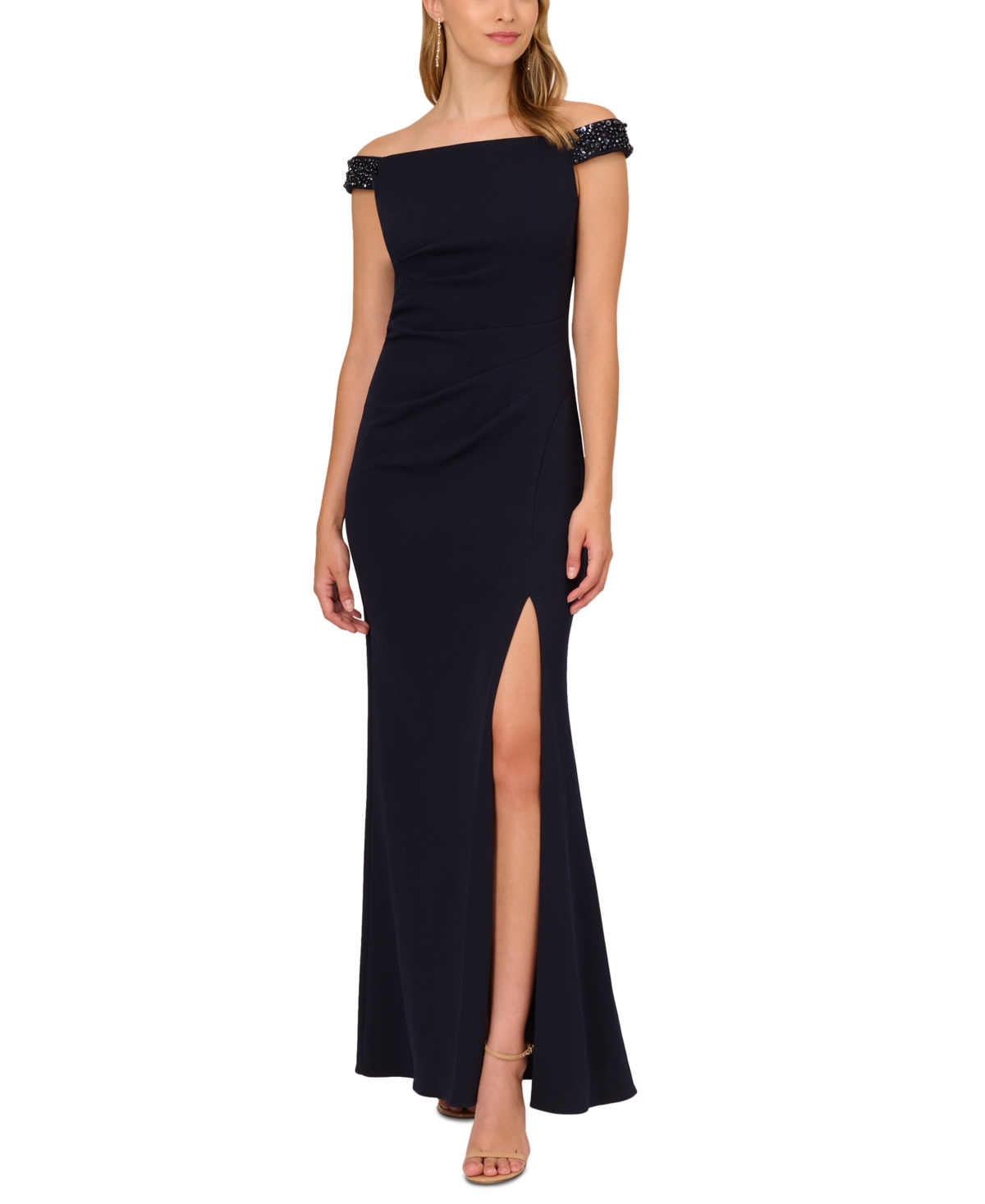Adrianna Papell Women's Beaded-trim Off-the-shoulder Gown In Midnight