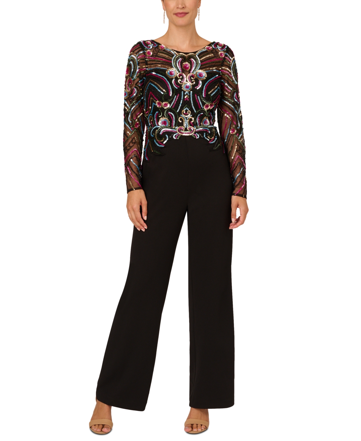 Adrianna Papell Women's Sequined-bodice Wide-leg Jumpsuit In Black Multi