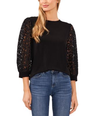CeCe - Women's Solid Lace-3/4-Sleeve Knit Crewneck Top