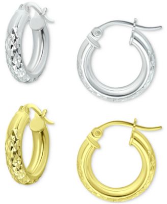 Macy's - 2-Pc. Set Textured Small Huggie Hoop Earrings in Sterling Silver & 18k Gold-Plate, 15mm