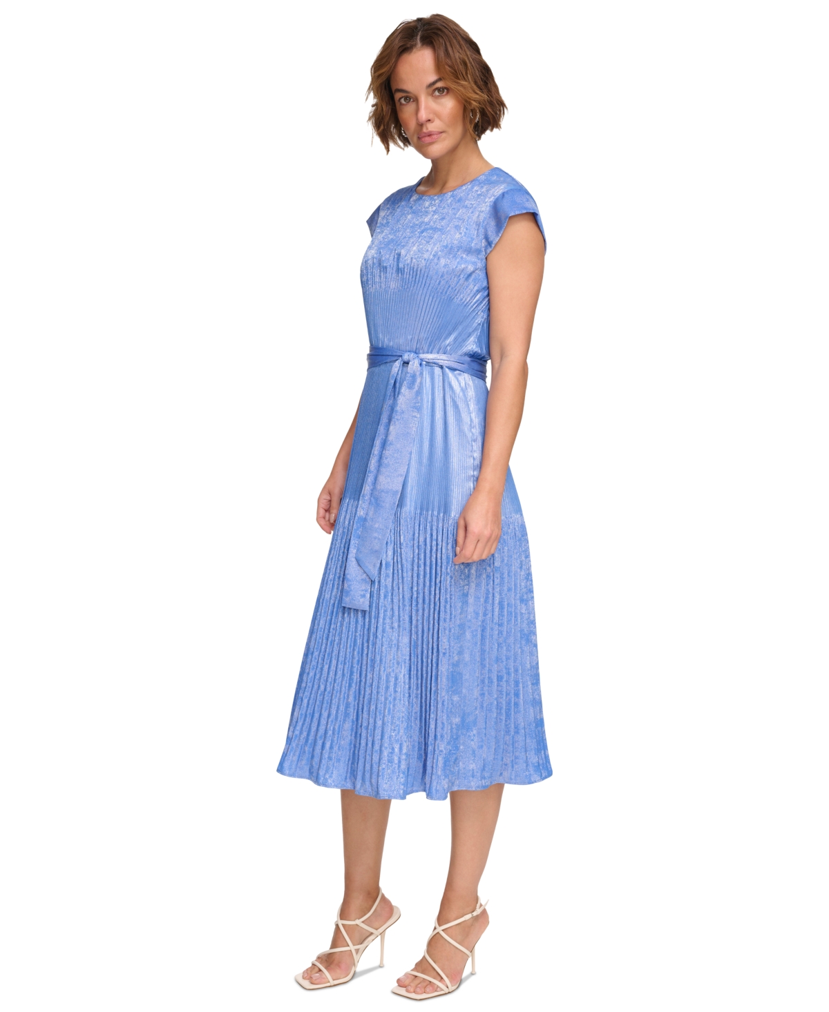 Shop Dkny Women's Pleated Cap-sleeve Belted Midi Dress In Vapor Blue,silver