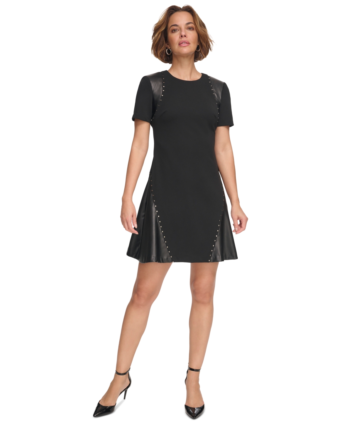 Dkny Women's Studded Mixed-media Fit & Flare Dress In Black