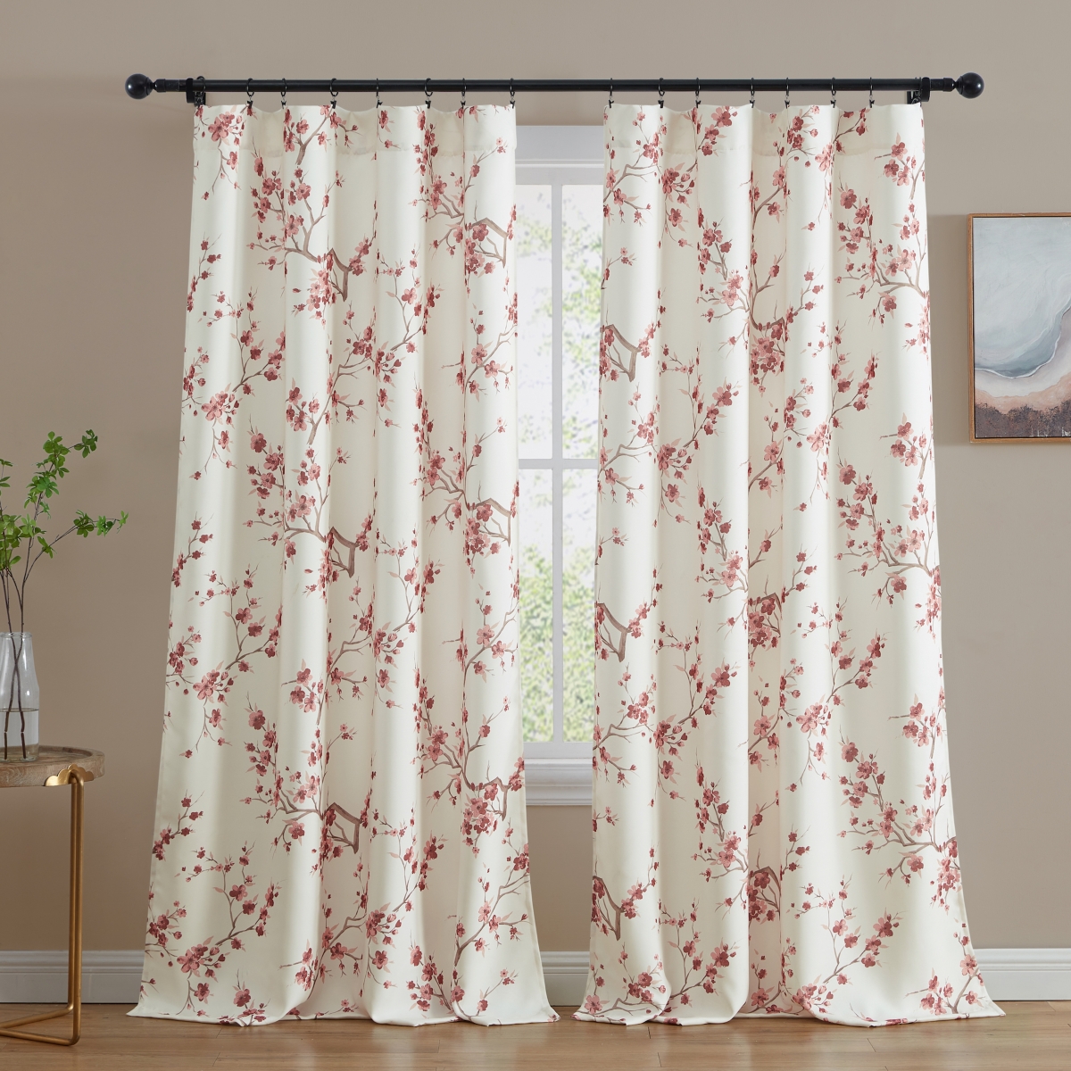 Hlc.me Jasmine Floral Patterned Room Darkening Curtain Rod Pocket Pole Top Panels - Set of 2 -
