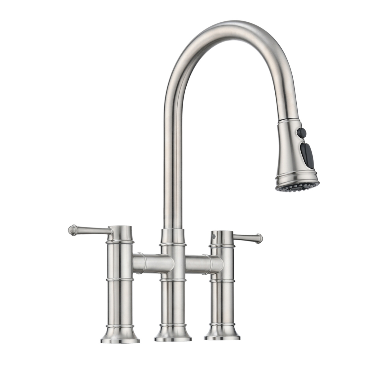 Double Handle Bridge Kitchen Faucet With Pull-Down Spray Head - Brushed nickel