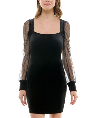 Speechless - Juniors' Square-Neck Sheer-Sleeve Bodycon Velvet Dress