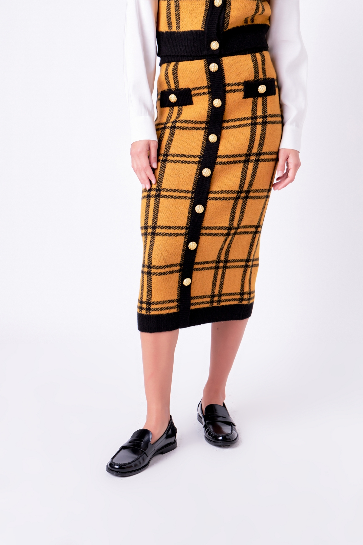 Women's Knit Check Plaid Midi Skirt -black