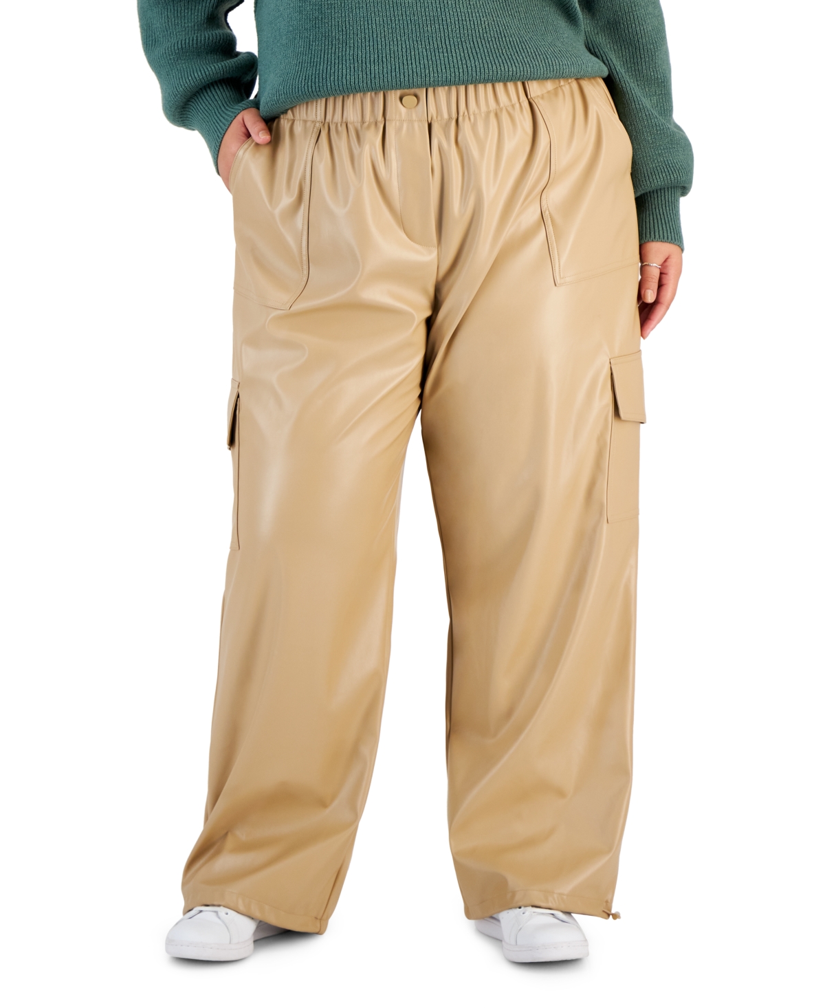 Trendy Plus Size Faux-Leather Wide-Leg Cargo Pants - Tan