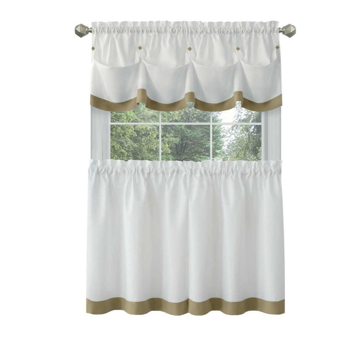 Kate Aurora Country Living Farmhouse 3 Pc Solid Cafe Kitchen Curtain Tier & Tucked Valance Set - 56in W x 24in L, Navy Blue -tan