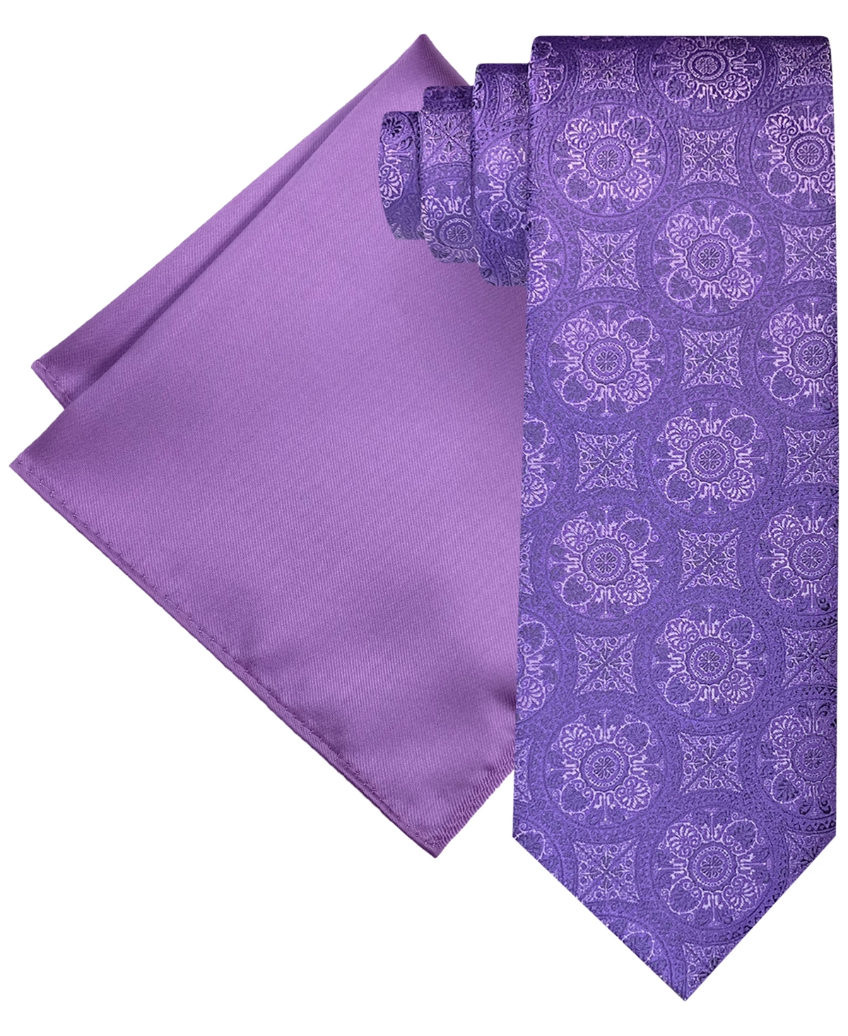 Men's Extra Long Ornate Medallion Tie & Solid Pocket Square Set - Lilac