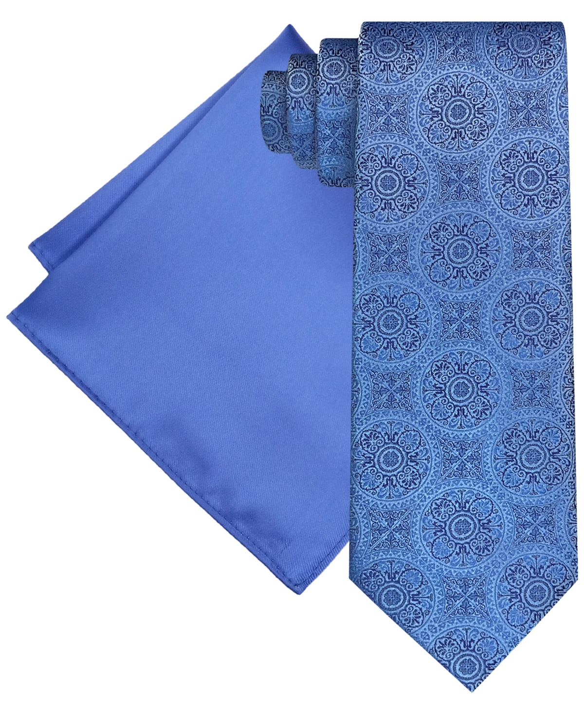 Steve Harvey Men's Extra Long Ornate Medallion Tie & Solid Pocket Square Set In Med Blu,sk