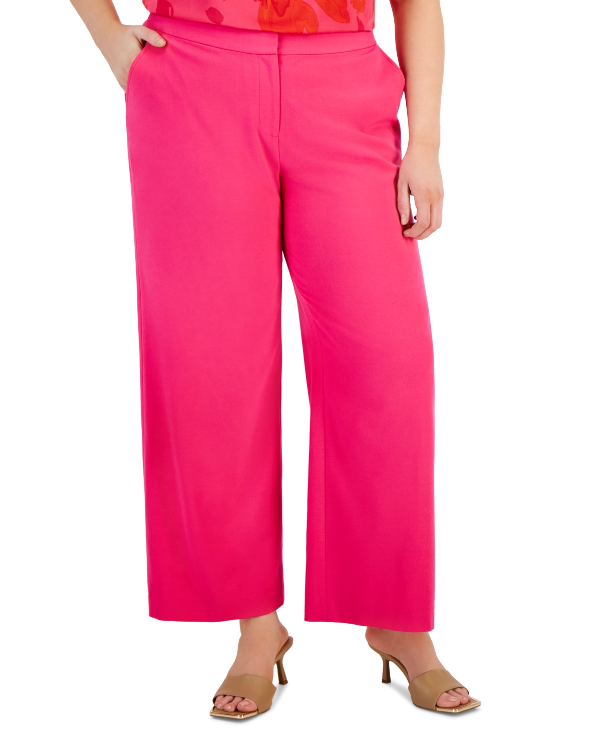 Tahari Asl Plus Size Mid-rise Wide-leg Full-length Pants In Hot Pink